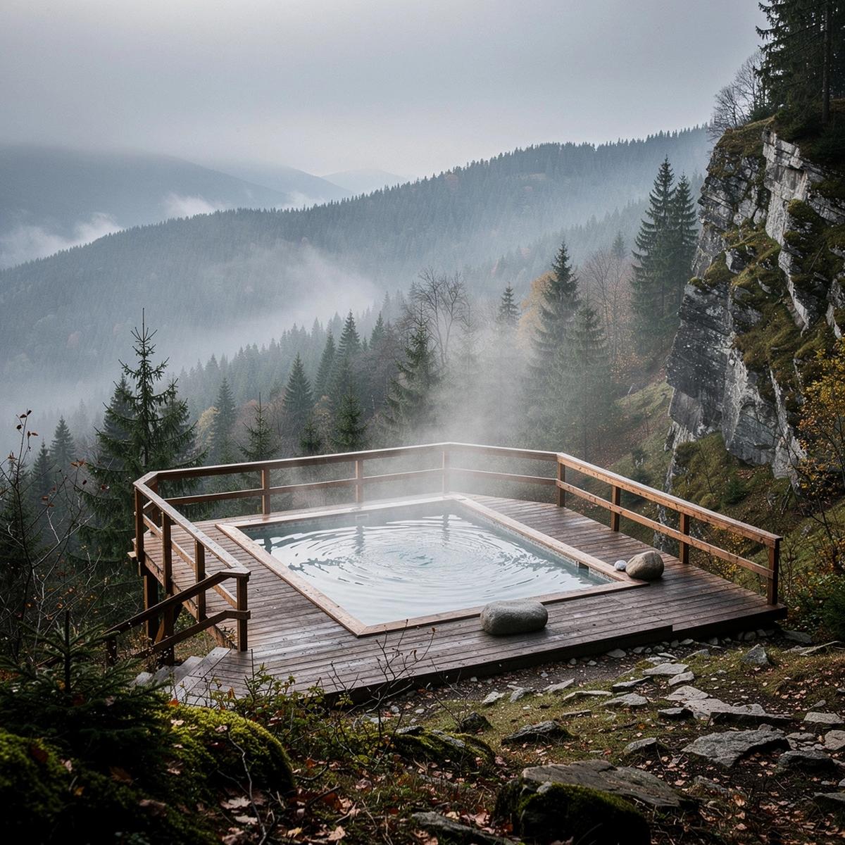 Mist drifting over a forested Carpathian ridge above a mountain spa terrace