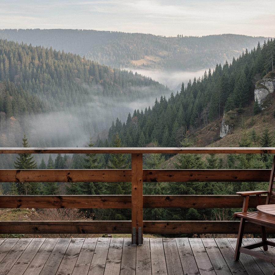 Timber guest house terrace above a spruce valley in the Ukrainian Carpathians